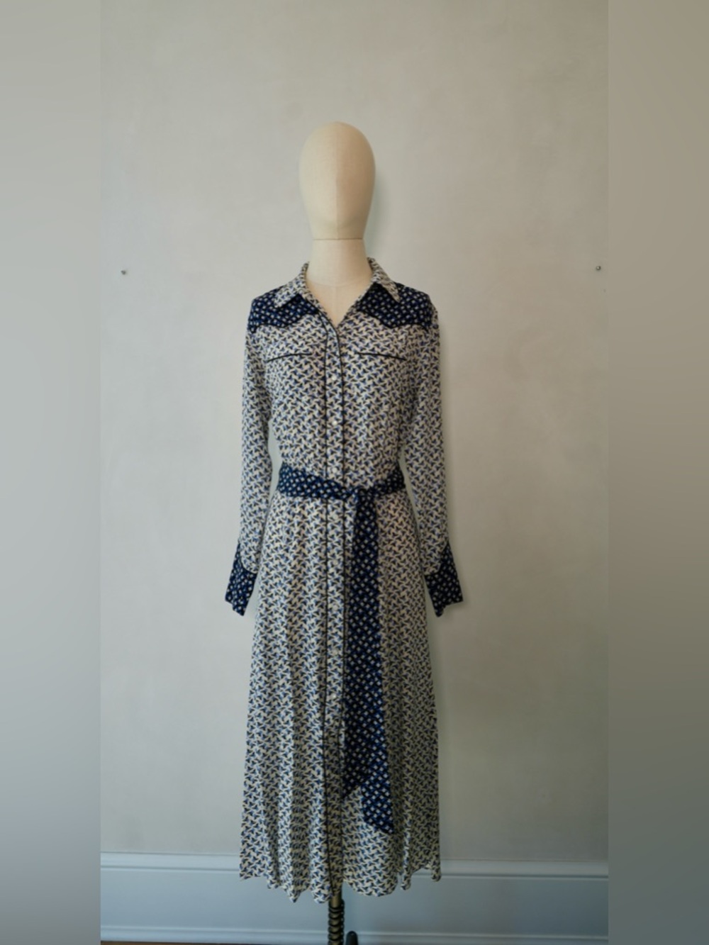 Veronica Beard Navy & Cream Printed Long-Sleeve Shirt Dress